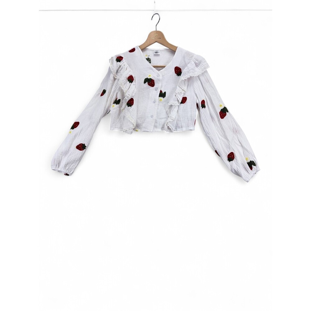 Miss Sparkling Embroidered Strawberry Ruffle Cropped Blouse L